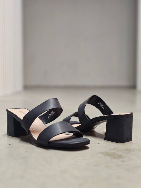 Shoes - Black Block Heel Slide Sandals With Double Straps Open Toe & Square Heel Design